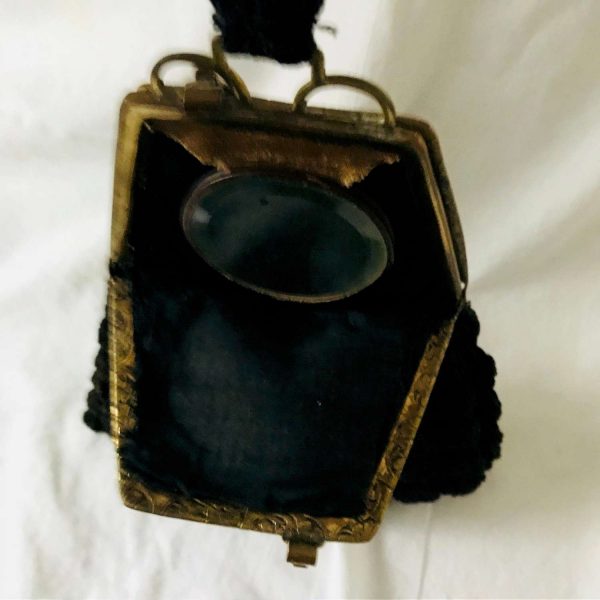 Antique Dance purse wrist handle crochet black bag and handle gold double closure attached mirror with leather inside