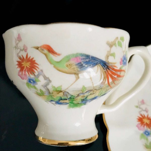 Antique Demitasse Tea cup and saucer Lenegia Crown bird of Paradise fine bone China French late 1800's collectible farmhouse vivid colors