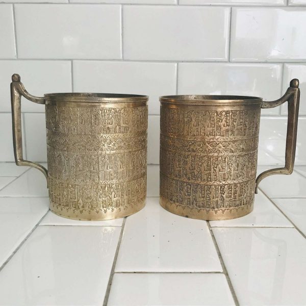 Antique detailed Copper Tankerds mugs cups Turkish brass very ornate detail collectible display