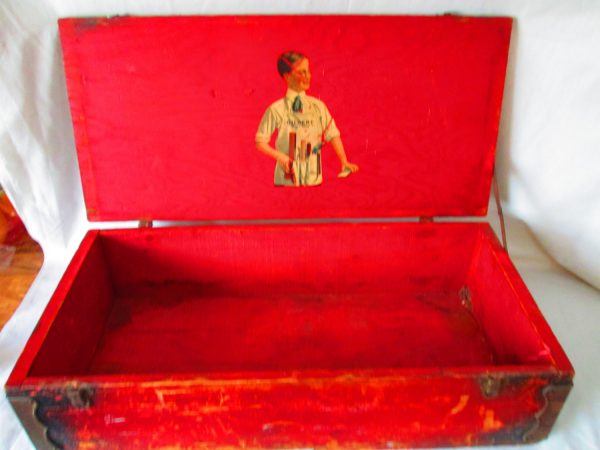 Antique Dovetail Trunk Gilbert Big Boy Wooden Toy Storage Box Metal corners, handles, latches, hinges