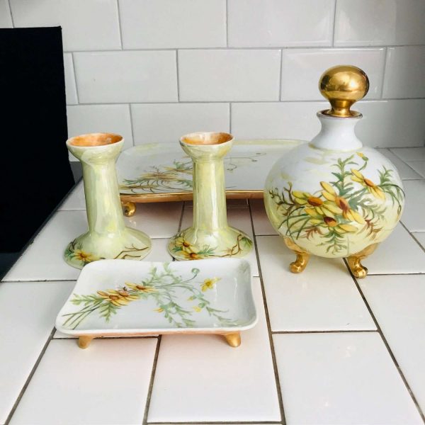 Antique Dresser Vanity Set Perfume Bottle Tray Soap dish and candlestick holders B & Co. Made in France Turn of the Century Porcelain