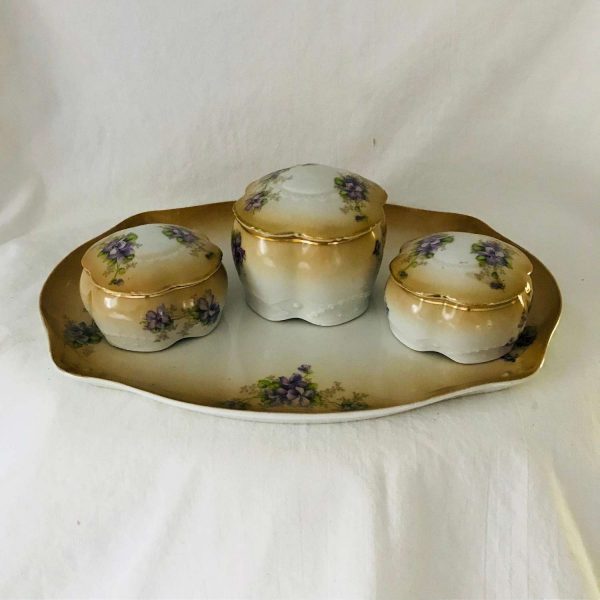Antique dresser vanity tray with dresser/vanity jars complete set 1800's fine bone china lidded trinket dishes farmhouse collectible