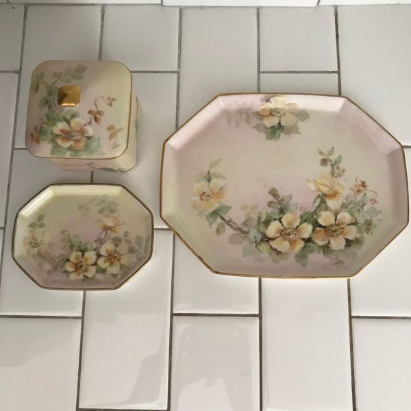 Antique dresser vanity tray with jar and soap dish complete set 1909 Limoges fine bone china lidded trinket dish farmhouse collectible