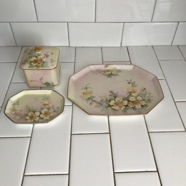 Antique dresser vanity tray with jar and soap dish complete set 1909 Limoges fine bone china lidded trinket dish farmhouse collectible
