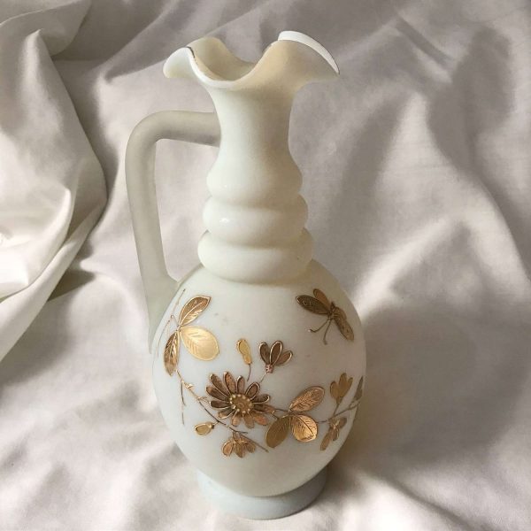 Antique Ewer Enameled 1800's satin glass with heavy gold enameling collectible display farmhouse elegant vase handled ewer
