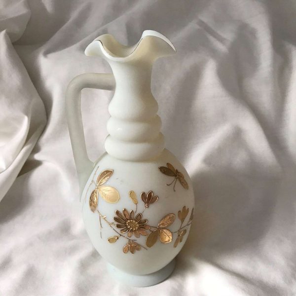 Antique Ewer Enameled 1800's satin glass with heavy gold enameling collectible display farmhouse elegant vase handled ewer