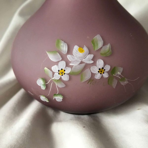 Antique Fenton Purple Cased Glass Barber Bottle Enameled hand decorated flowers White inside lavender overlay with white and yellow flowers
