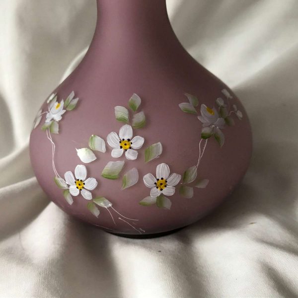 Antique Fenton Purple Cased Glass Barber Bottle Enameled hand decorated flowers White inside lavender overlay with white and yellow flowers