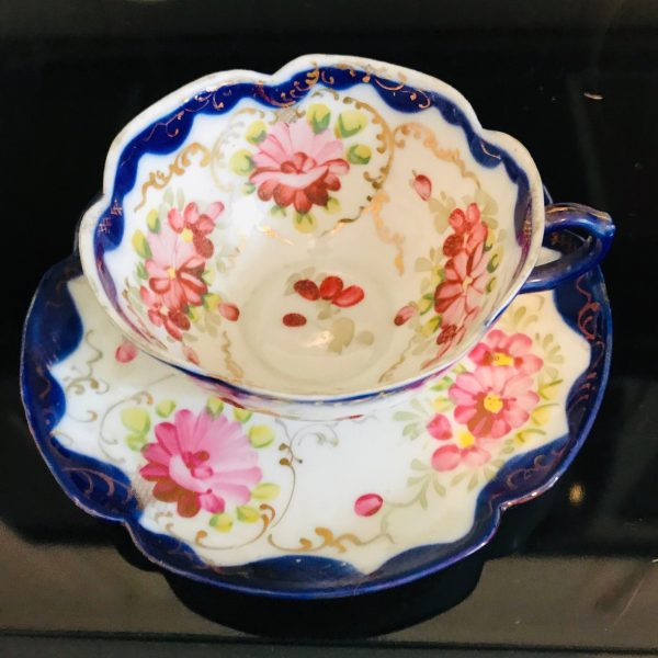 Antique Flow Blue tea cup and saucer Fine bone china hand decorated Roses and gold farmhouse collectible display cottage