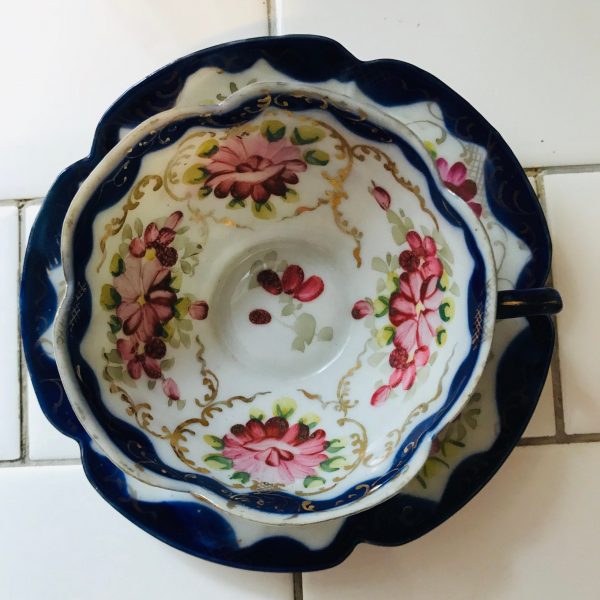 Antique Flow Blue tea cup and saucer Fine bone china hand decorated Roses and gold farmhouse collectible display cottage