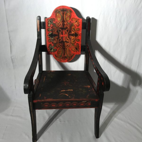 Antique Folk Art Wooden Child's Chair 1880's-90's highly decorated ornate painting with crosses on seat and back wood screws on sides