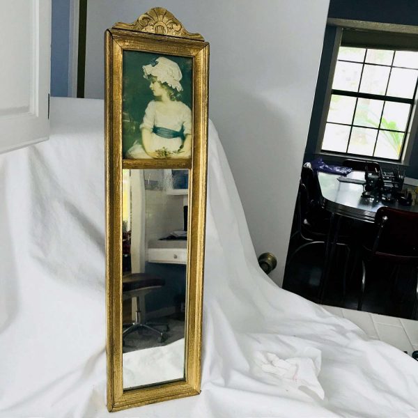 Antique Framed Mirror with Portrait top collectible display wall decor wall art wooden frame farmhouse cottage