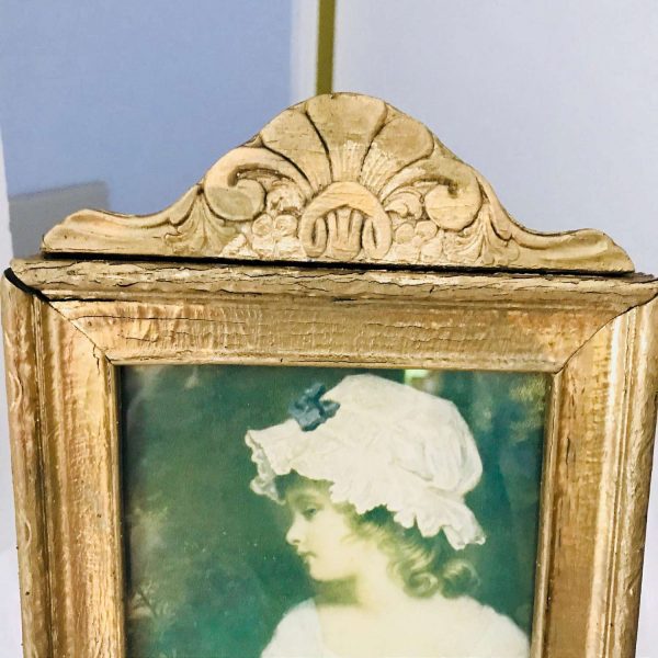 Antique Framed Mirror with Portrait top collectible display wall decor wall art wooden frame farmhouse cottage