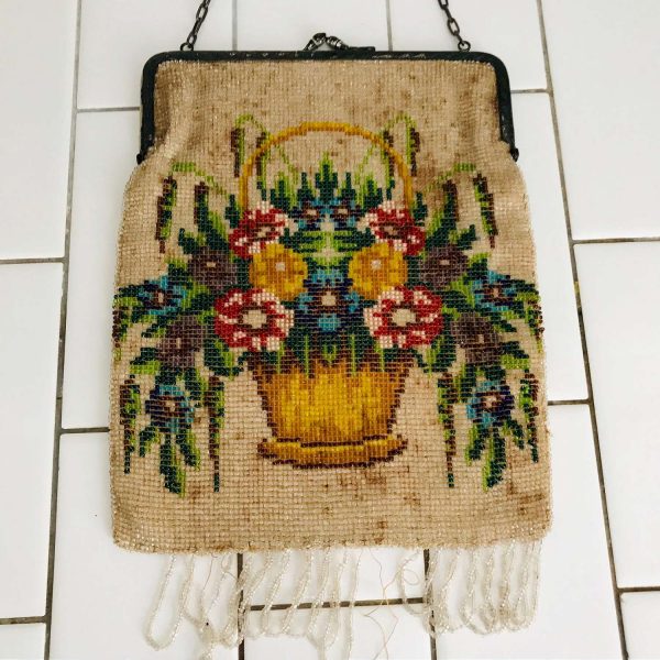 Antique French Beaded Handbag Purse Floral Germany full Bead with Fringe beaded 1820's