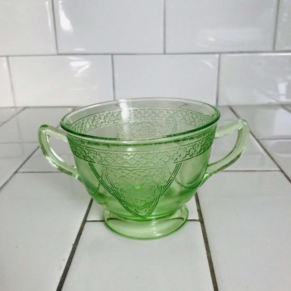 Antique Georgain Uranium Glass Sugar Bowl Double Handle Federal Glass Green Kitchen Set Collectible Display Farmhouse Glows Green Love Birds
