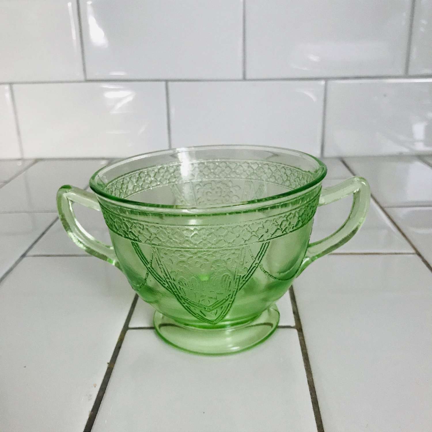 Vintage Depression Green Vaseline Glass Double Handled Sugar Bowl