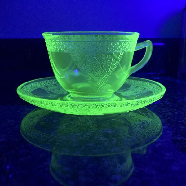 Antique Georgain Uranium Glass Tea and cup saucer Federal Glass Green Kitchen Set Collectible Display Farmhouse Glows Green Love Birds