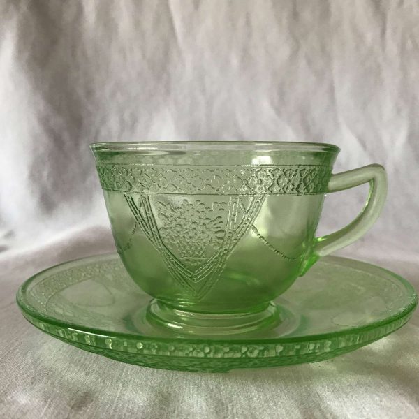 Antique Georgain Uranium Glass Tea and cup saucer Federal Glass Green Kitchen Set Collectible Display Farmhouse Glows Green Love Birds