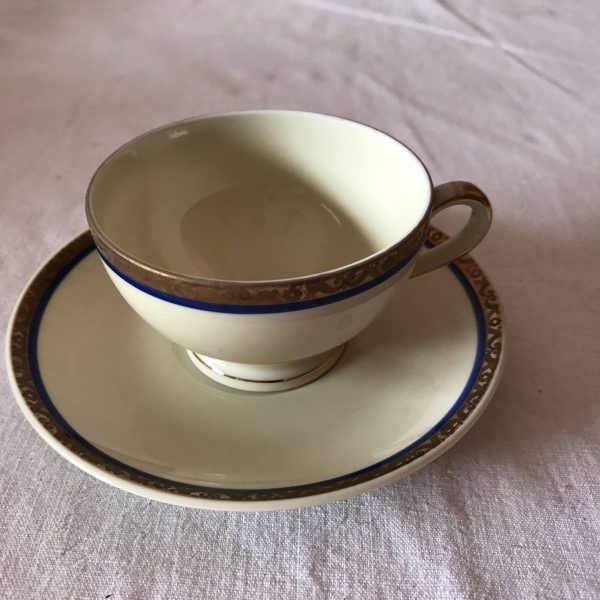 Antique German Ivory blue and gold demitasse tea cup and saucer Schonwald Fine bone china Collectible tea cups and saucers display