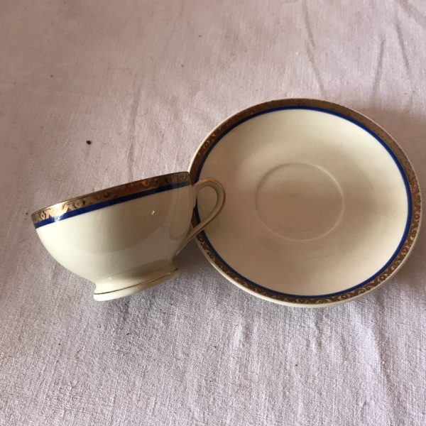 Antique German Ivory blue and gold demitasse tea cup and saucer Schonwald Fine bone china Collectible tea cups and saucers display