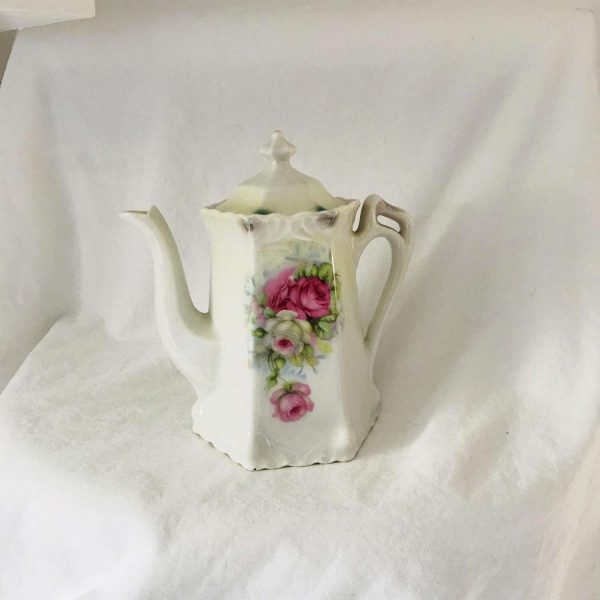 Antique German Teapot Greiner & Herda Bavaria Germany turn of the century unique handle pink yellow roses display collectible