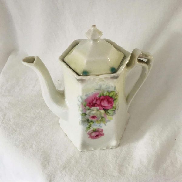 Antique German Teapot Greiner & Herda Bavaria Germany turn of the century unique handle pink yellow roses display collectible