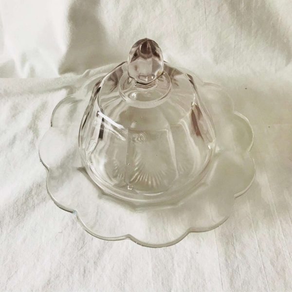 Antique Glass Cheese Butter dish late 1800's covered lidded flower shaped base slight lavender hue heavy glass farmhouse collectible display