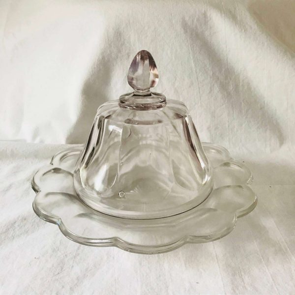 Antique Glass Cheese Butter dish late 1800's covered lidded flower shaped base slight lavender hue heavy glass farmhouse collectible display