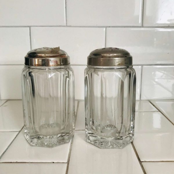 Antique glass paneled bottles sturdy shaker glass jars collectible display farmhouse kitchen silverplate shaker lids