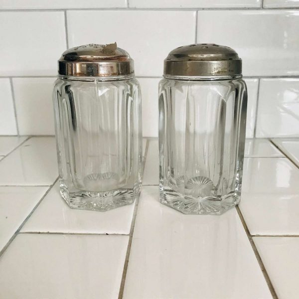 Antique glass paneled bottles sturdy shaker glass jars collectible display farmhouse kitchen silverplate shaker lids