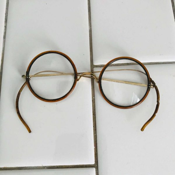 Antique granny glasses eyewear mustard color bakelite rims wire bows farmhouse office collectible wearable eyewear eye glasses round