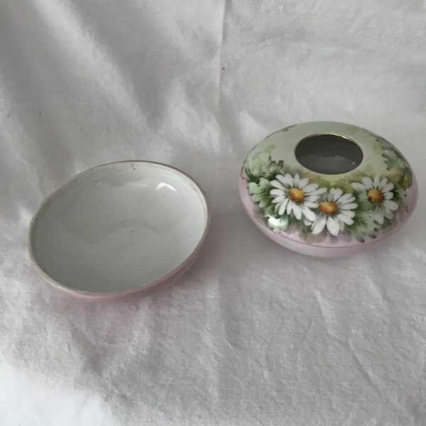 Antique Hair Receiver & Soap Dish Trinket Dish Bowl Limoges France Hand painted Daisies and leaves pink yellow farmhouse vanity dresser