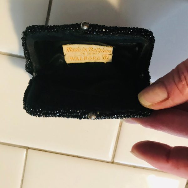 Antique hand beaded black coin purse Wolborg Belgium top closure tv movie prop collectible display change purse small collectible