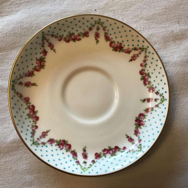 Antique Hand decorated pink rose drape pattern with enameled aqua dots double handled cream soup pedestal bowl collectible display farmhouse