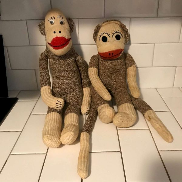 Antique hand made Mr. & Mrs. Sock Monkeys collectible display farmhouse child's room brown red black