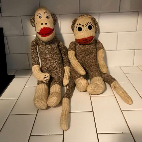 Antique hand made Mr. & Mrs. Sock Monkeys collectible display farmhouse child's room brown red black