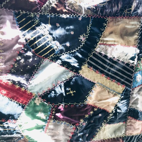 Antique hand made quilt Full size late 1800's Crazy Quilt hand sewn 60x62 farmhouse cottage cabin bedroom lodge show piece