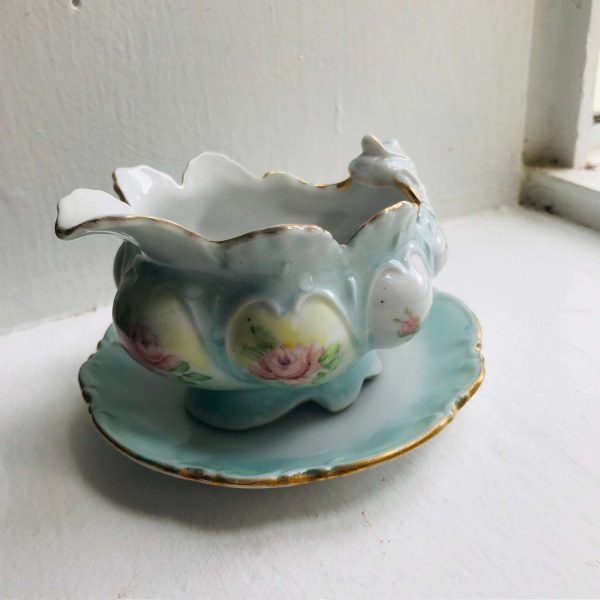 Antique hand painted bowl rose floral highly decorated fine bone china collectible farmhouse display bedroom bathroom figurine