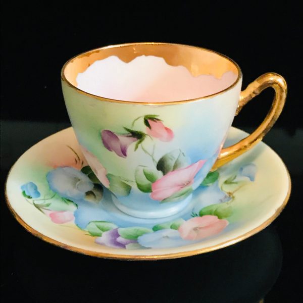 Antique Hand Painted Tea cup and saucer Bright colored morning glories Fine bone china gold trim farmhouse collectible display coffee signed