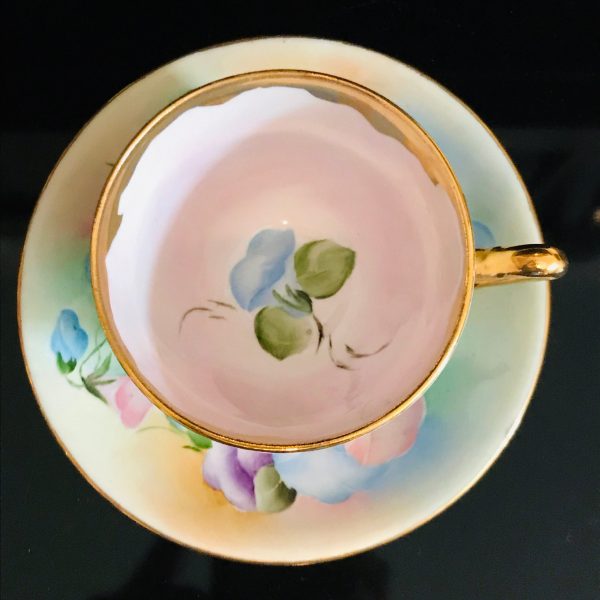 Antique Hand Painted Tea cup and saucer Bright colored morning glories Fine bone china gold trim farmhouse collectible display coffee signed