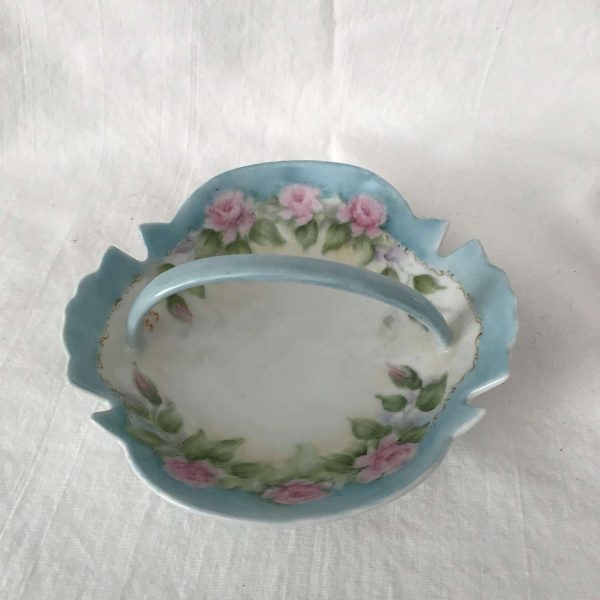 Antique hand painted trinket nut pin dish handle basket pink roses light blue trim farmhouse collectible display scalloped rim bowl soap