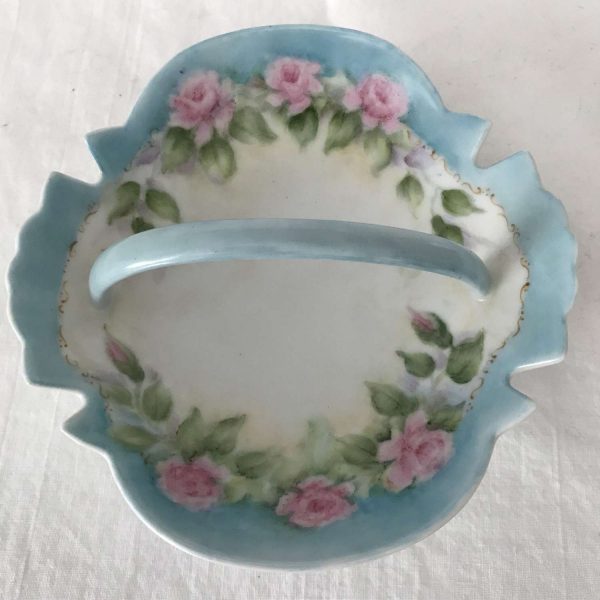 Antique hand painted trinket nut pin dish handle basket pink roses light blue trim farmhouse collectible display scalloped rim bowl soap