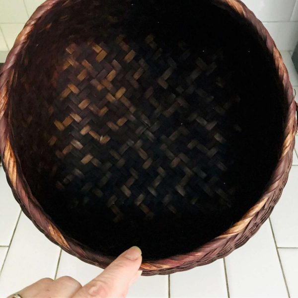 Antique Japanese woven basket collectible display movie tv prop handle top early primitive rustic 2 small handles wooden base attached