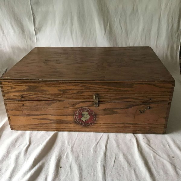 Antique Ladies Home Journal Pattern Box Oak Veneer storage collectible sewing display laundry craft room farmhouse dovetail trunk wooden box