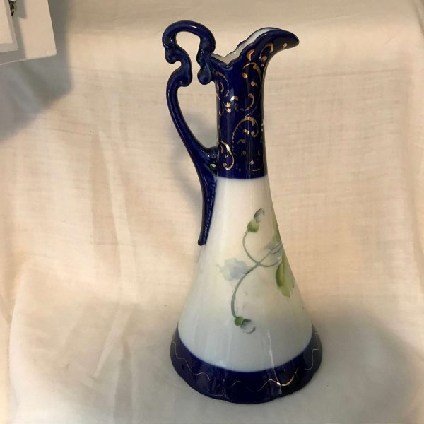 Antique large Hand Painted Ewer Pitcher 1800's Pansy pattern enameled with cobalt top and bottom gold scroll trim collectible display mantle
