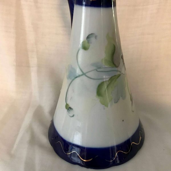 Antique large Hand Painted Ewer Pitcher 1800's Pansy pattern enameled with cobalt top and bottom gold scroll trim collectible display mantle