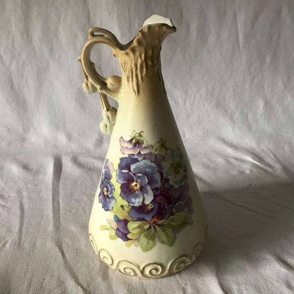 Antique large Hand Painted Ewer Pitcher Austria 1800's  Pansies with leaves and gold trim 11" tall