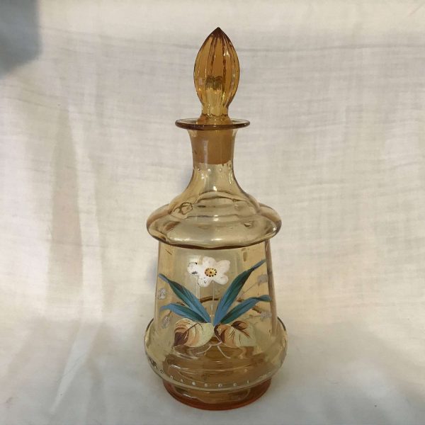 Antique Late 1800's Enamel painted bottle ground glass stopper collectible vanity home decor farmhouse collectible display amber glass RARE