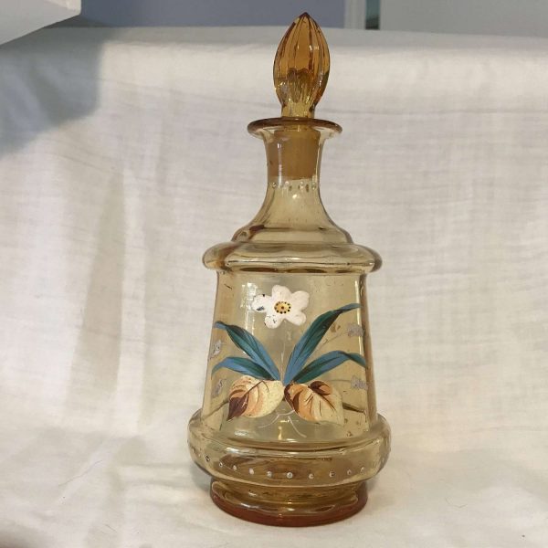 Antique Late 1800's Enamel painted bottle ground glass stopper collectible vanity home decor farmhouse collectible display amber glass RARE