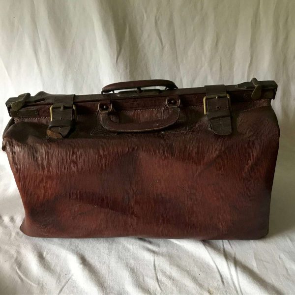 Antique Leather Suitcase Carry on Luggage double locking French Bag Collectible movie prop display storage travel bag carpet style bag